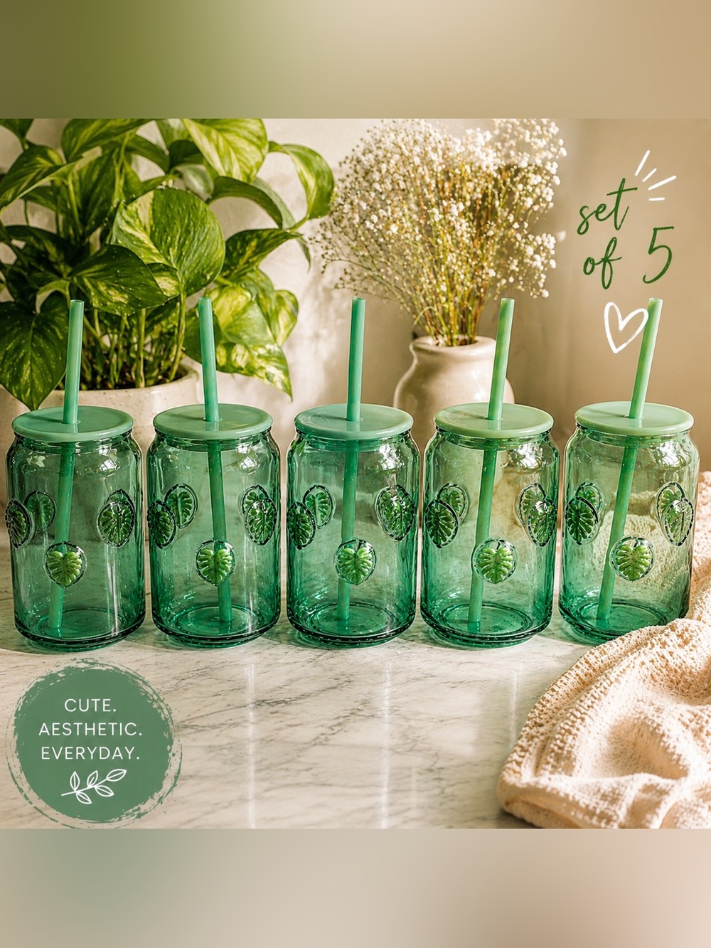 Green Glass Leaf Embossed Tumblers w/ Lid & Straw Set of 5 Cute Drinkware